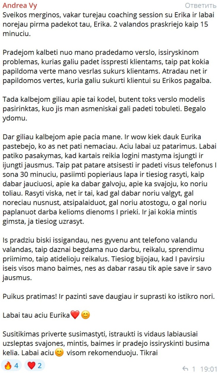 Atsiliepimas apie nemokamą diagnostinį pokalbį su Erika Karta
